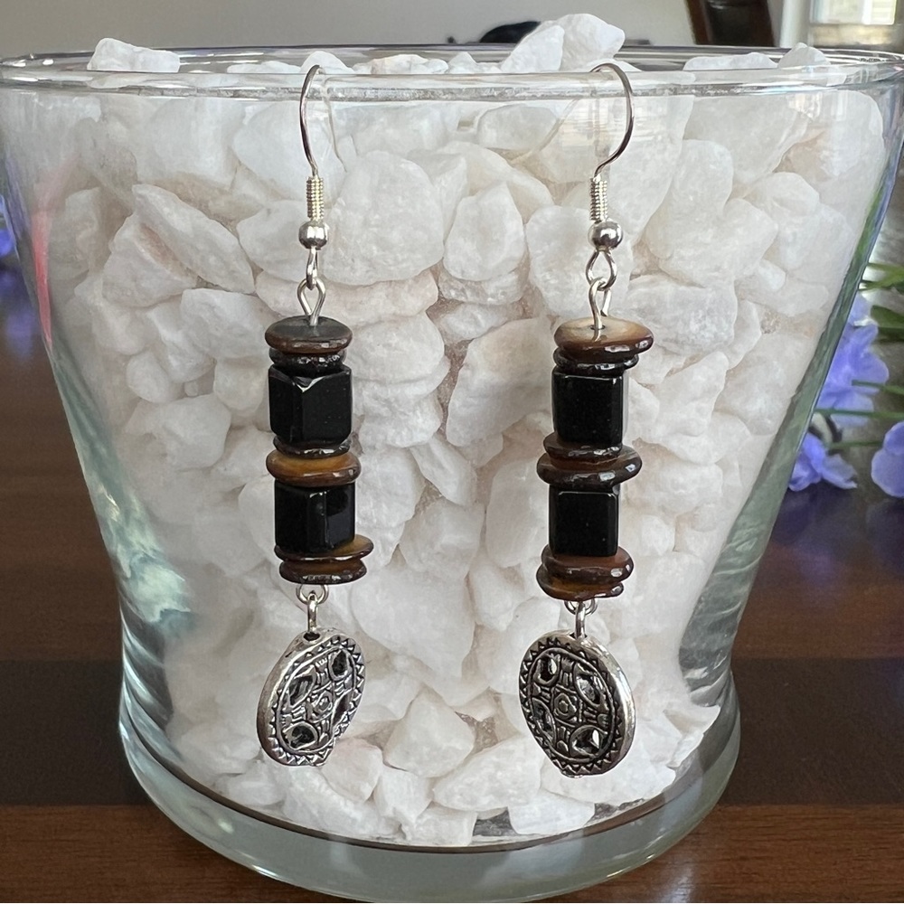 Natural Brown Shell Jet Black Glass Dangle Drop Earrings Handmade